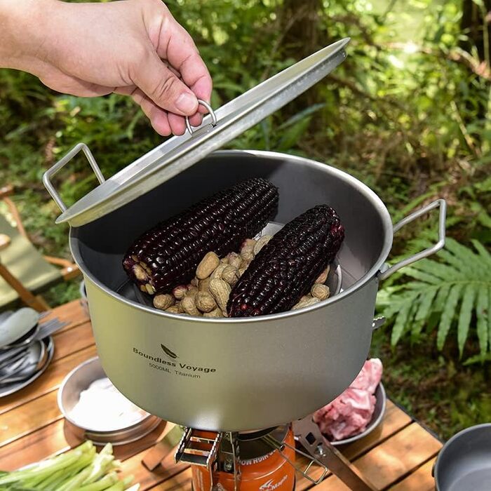 Титановий кемпінговий горщик Відкритий посуд Супи в приміщенні Гаряча каструля Портативний порожнистий посуд з кришкою та відкидною ручкою Легкий посуд для походів для пікніка Кухонний посуд Каструля великої місткості (5000 мл Ti2104c)