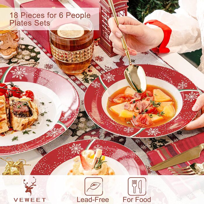 Серія 30-предметний порцеляновий різдвяний набір посуду на 6 осіб, різдвяний кавовий сервіз на 6 обідніх тарілок, 6 десертних тарілок, 6 супових тарілок, 6 кавових чашок та 6 блюдець (різдвяний олень, обідній сервіз на 18 осіб)