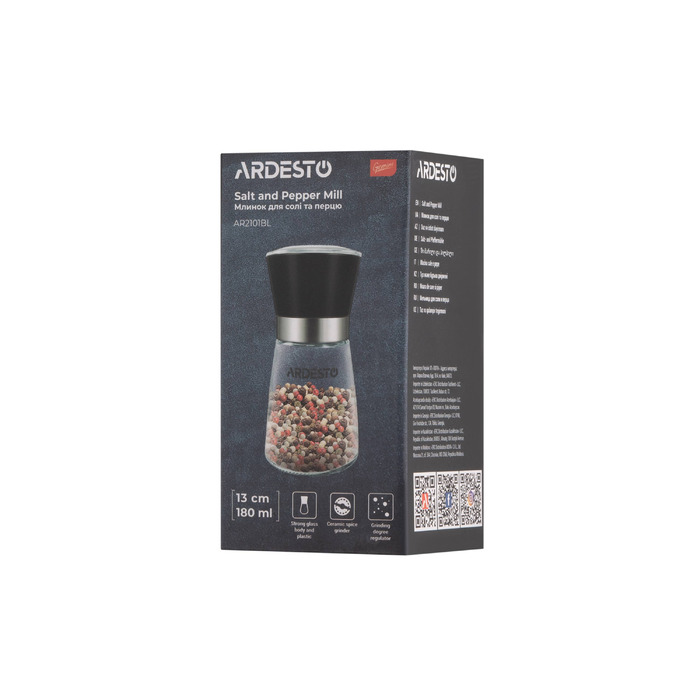 Мельница для соли и перца ARDESTO Gemini, 180 мл, стекло, пластик, прозрачный, черный