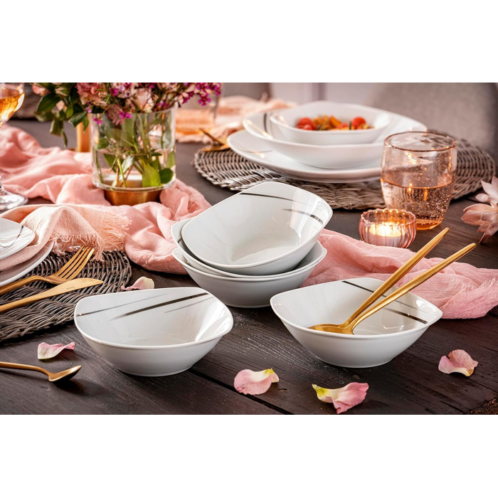 СПІВАЧКА Порцеляновий столовий сервіз Bilgola Black Lines, набір посуду з 18 предметів на 6 персон, набір тарілок, квадратний (круп'яні миски 6 шт.)