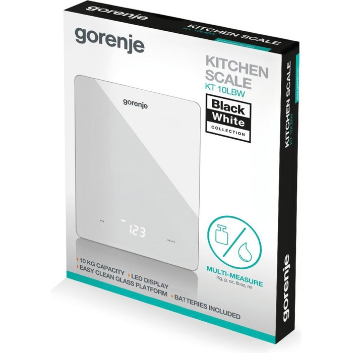 Gorenje Весы кухонные, 10кг, AAAx3 в комплекте, дисплей, стекло, белый