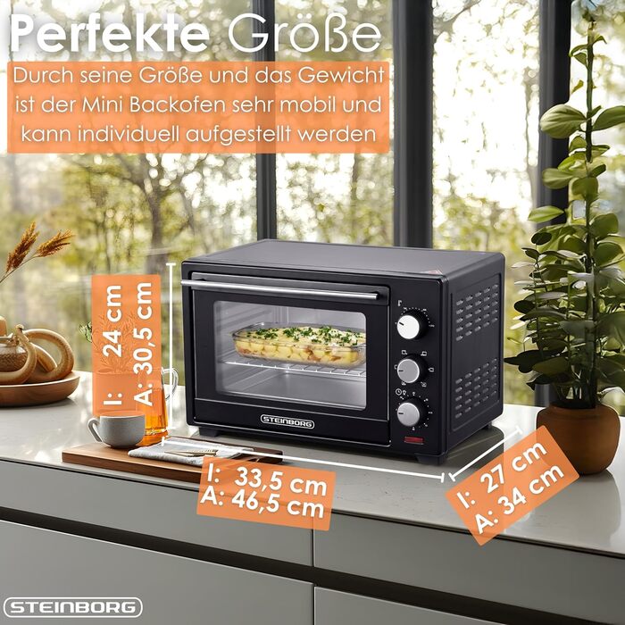 Міні-піч STEInBORG 25 літрів Піч для піци Духовка 3-в-1 Міні-піч Піддон для крихт Верхній/нижній нагрів Конвекція Таймер на 60 хвилин 1600 Вт
