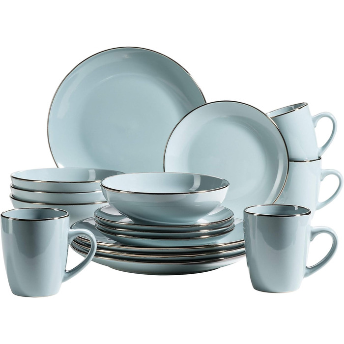 Сучасний набір посуду на 4 особи з обідком латунного кольору, комбінований набір, керамограніт, 16 предметів, світло-блакитний MÄSER