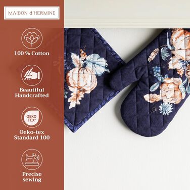 Рукавички для духовки Maison d&39 Hermine, Прихватки для каструль, 100 бавовна, термостійкі кухонні рукавички, рукавички для духовки (19 см x 33 см) та прихватки для каструль (20 см x 20 см) для приготування їжі, Morzine - Рукавички для духовки на День по