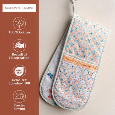 Рукавички для духовки Maison d&39 Hermine, Прихватки для каструль, 100 бавовна, термостійкі кухонні рукавички, рукавички для духовки (19 см x 33 см) та прихватки для каструль (20 см x 20 см) для приготування їжі, Морзін - Рукавички для духовки на День под