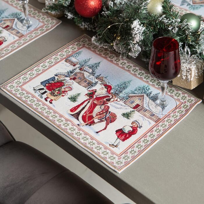 Різдвяна гобеленова скатертина Home of Christmas Скатертина на Різдво та Новий рік (Санта Клаус та діти (блискуча), серветка 35x45 см)