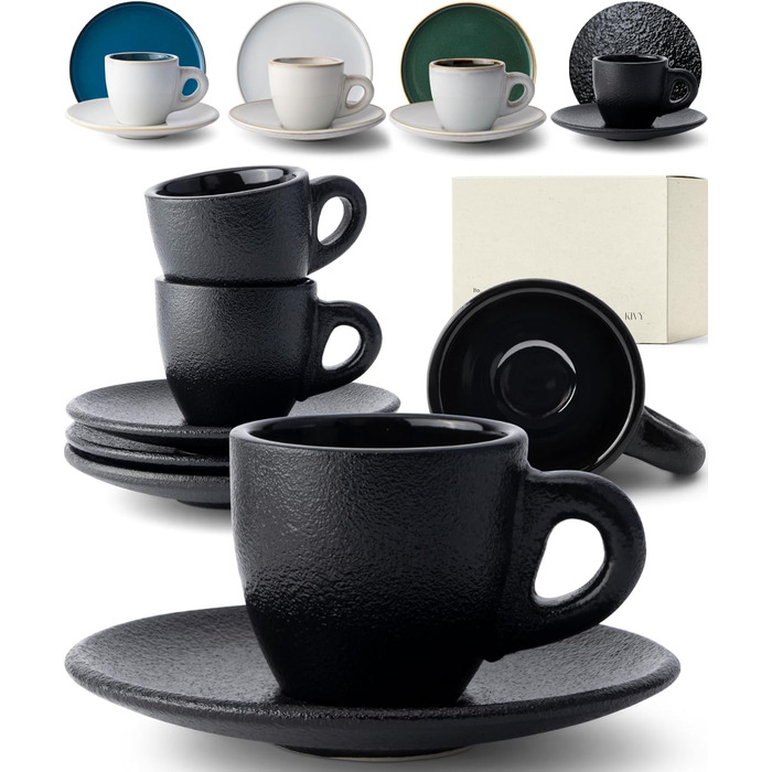 Чашки для эспрессо 75 мл с блюдцами, набор 4 предмета, черные KIVY