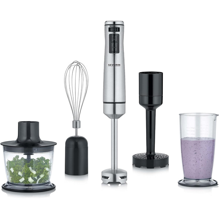 Аккумуляторный ручной блендер с комплектом премиум-класса, семный блендер, с погружным блендером, мультиизмельчителем, кувшином-блендером, толкушкой и венчиком для картофеля, черная/матовая нержавеющая сталь, SM 3775 (1 000 Вт, включая аксессуары премиум-