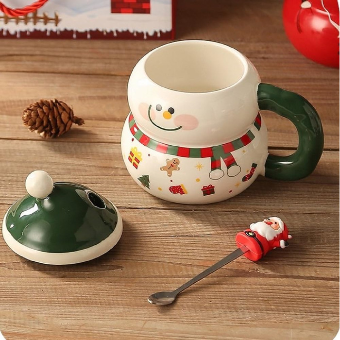 Різдвяний кухоль 400 мл з кришкою та ложкою, Сніговик в зеленій шапці VollfitYYu