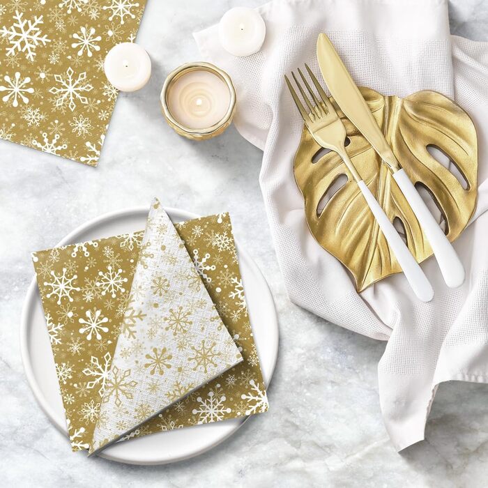 Серветки 3-шарові (33 x 33 см) I 20 шт. I Різнокольорові паперові серветки, ідеальні для різдвяного столу I Серветки - Різдво, зима, зірки, сніг, сніговики I (Подвійний дизайн різдвяних сніжинок, золотистий)
