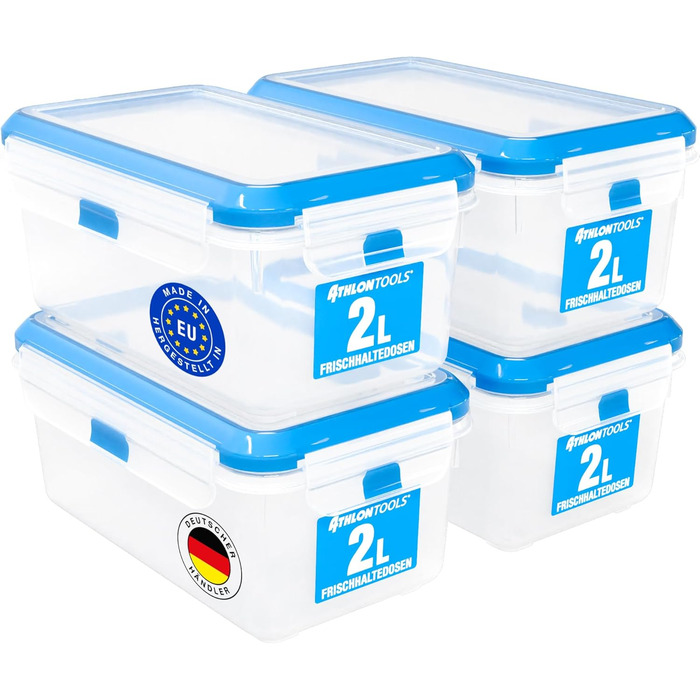 Набір контейнерів для зберігання продуктів ATHLON TOOLS, 4 шт., об&39ємом 3 л, якості для кейтерингу - 100 герметичні та герметичні від -40 до 100 градусів - для всіх продуктів - без BPA - Контейнери для зберігання в холодильнику (2 л Комплект з 4 шт.)