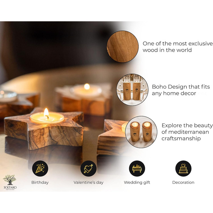 Высококачественные деревенские подсвечники из эксклюзивного оливкового дерева Набор из 3 шт. - Ручная работа - Подсвечник на День святого Валентина из дерева - Держатель для чайной свечи - Украшение стола - Набор украшений для дома 3 звезды