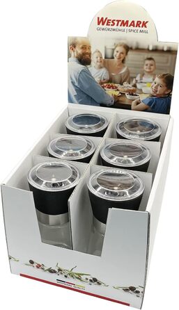 Дисплей Westmark, Вміст 6 дозаторів, Ємність 190 мл кожен, Скло/Нержавіюча сталь/Пластик, Прозорий/Чорний/Сріблястий, 63592611 (Spice Mill, 6 шт. , Blacky)
