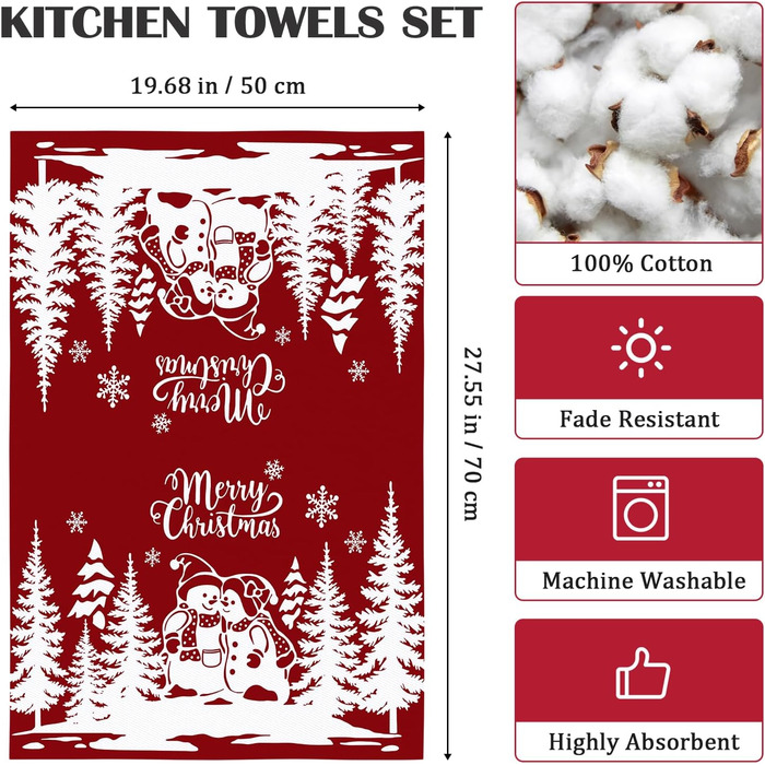 Набір із 4 кухонних рушників Arquiel, зимові різдвяні ялинки, декоративні різдвяні кухонні рушники, 100 бавовняні, абсорбуючі, подарунок на новосілля, 48 см x 70 см (Сніговик, 48 см x 70 см, набір із 2 шт.)