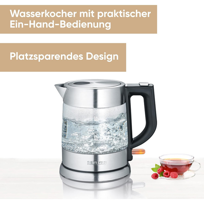Скляний чайник SEVERIN, потужний і компактний чайник у високоякісному дизайні, електрочайник з фільтром від накипу, нержавіюча сталь/чорний, WK 3468, чайник на 1 літр