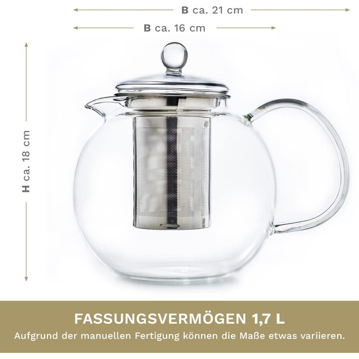Скляний чайник Creano 1.3 л, скляний чайник із 3 частин із вбудованим ситечком з нержавіючої сталі та скляною кришкою, ідеально підходить для приготування сипучих чаїв, без крапель, універсальний (1,7 л тепліше)