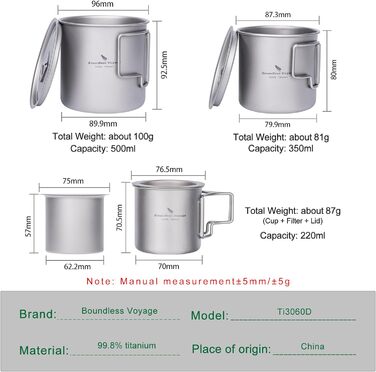 Мл Титанова чашка з кришкою Складна ручка Одностінний кемпінговий кухоль Легко переносний для посуду для пиття на відкритому повітрі US-Ti3059D (чашка 220 мл з ситечком чашка 350 мл чашка 500 мл), 500