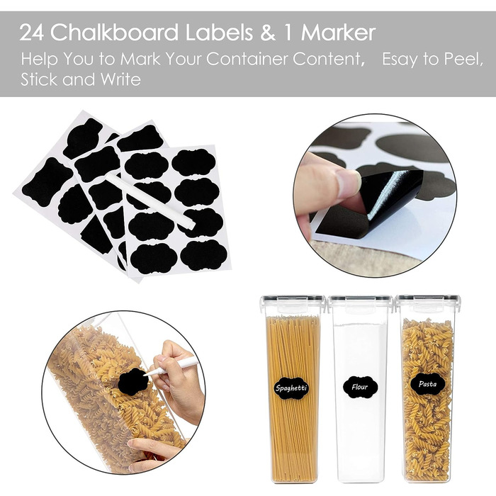 Набор банок для хранения Vtopmart 0,8 л, банки для мюсли и банки для хранения пищевых продуктов, пластик без бисфенола А, герметичный контейнер для сухих продуктов, набор из 12, 24 этикеток для зерна, муки, сахара (черный) (2,8 л * 4)