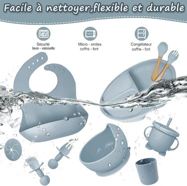 Набір дитячого посуду із силікону, 12 предметів, синій CUBTEM