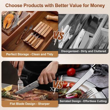 Набор из 4 ножей для стейка из дамасской стали 13 см с деревянным блоком XINZUO