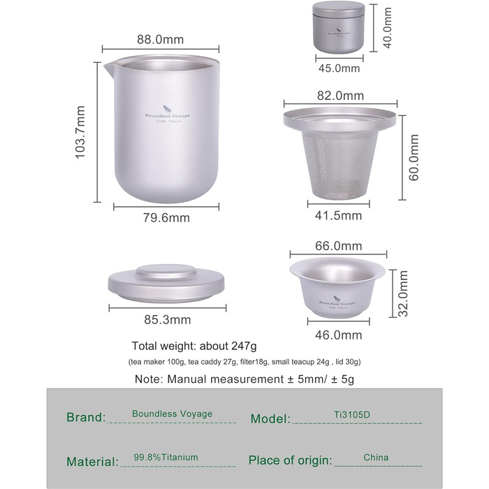 Титановий чайний набір, чайниця з ситечком для чаю та 3 міні-чашки 40 мл iBasingo