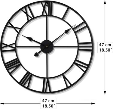 Великий вінтажний круглий металевий настінний годинник безшумний нецокаючий на батарейках 40 см 16 дюймів римські цифри годинники для вітальні, спальні, кухні настінний годинник прикраса (чорний, 47 см)