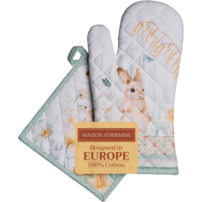 Рукавички для духовки Maison d&39 Hermine, Прихватки для каструль, 100 бавовна, термостійкі кухонні рукавички, рукавички для духовки (19 x 33 см) та прихватки для каструль (20 x 20 см) для приготування їжі, Morzine - Рукавички для духовки (19 x 33 см) та 
