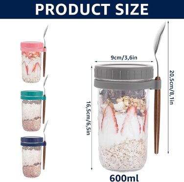 Упаковка з 4 банок для вівсянки на ніч 600 мл, скляний стаканчик для пластівців з кришкою та ложкою, контейнер для вівсянки на ніч, банки для мюслі, каші на ніч
