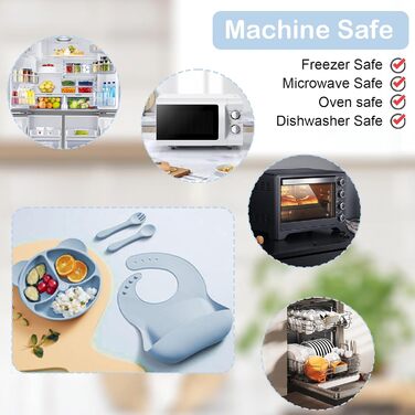 Силіконовий набір дитячого столового посуду Bizcasa з 9 предметів, нековзкий набір дитячого столового посуду, дитячий столовий посуд із присоскою, нековзна дитяча миска, дитяча тарілка, дитячий набір столових приборів для малюків, без бісфенолу А (синій)