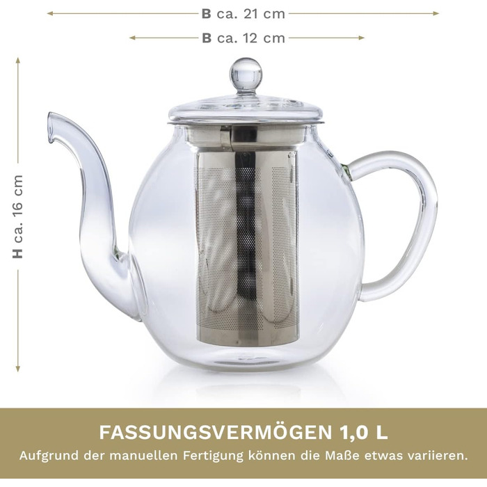 Чайник из Creano glass с крышкой для чая 500 мл из чайных цветов, чайных роз и листового чая, а также чайных пакетиков качественный, термостойкий (1 л)