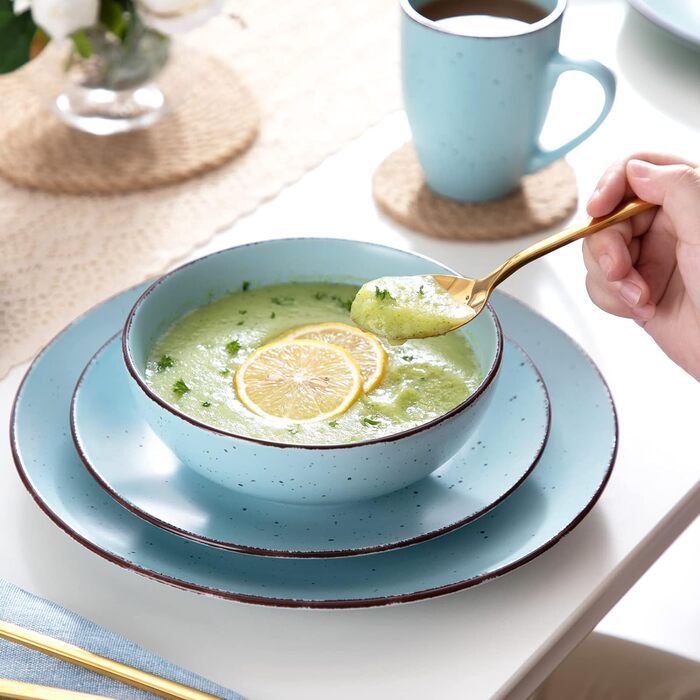 Столовий сервіз з керамограніту, набір посуду vancasso MODA, вінтажний вигляд, комбінований сервіз із 40 предметів з 8 обідніми тарілками, тарілками для тортів, суповими тарілками, мисками та чашками кожна (синій, комбінований сервіз 16 шт.)