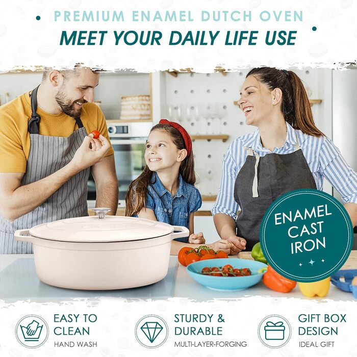 Чавунна сковорода Vancasso, чавунна каструля з кришкою, емальоване покриття об&39ємом 5 л, індукційна запіканка, каструля, чавунна сковорода для всіх типів плит, підходить для індукції, кругла, кремово-біла, 5 л біла (білий, 37 см)