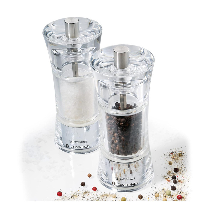 Набор мельниц для перца и соли Zassenhaus AACHEN, для самостоятельного наполнения, Ø 5,8 см H 14 см, акриловая емкость, керамическая мельница, мельница для специй, а также для других специй