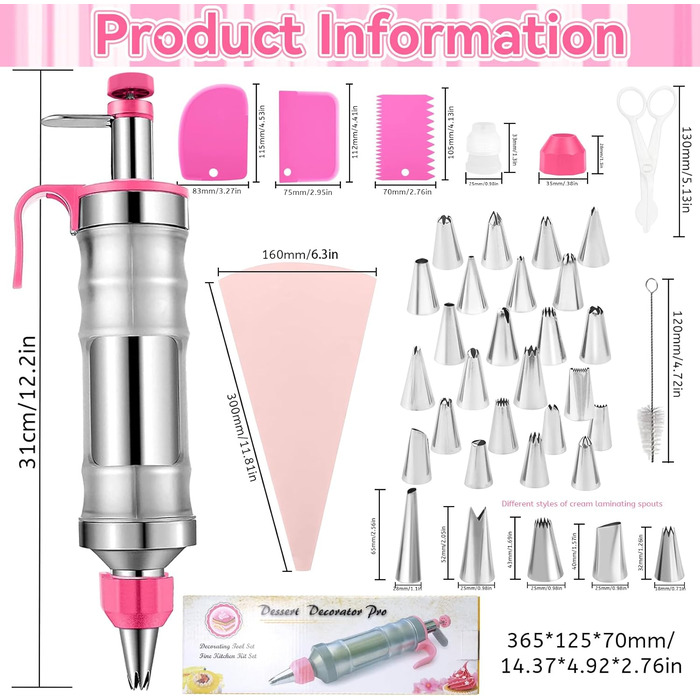 Шприц кондитерський з насадками для декору тортів і кексів, рожевий Erzekrim