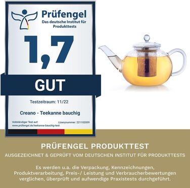 Скляний чайник Creano Glass Teapot з 3 частин із вбудованим ситечком з нержавіючої сталі та скляною кришкою, ідеально підходить для приготування сипучих чаїв, без крапель, моноблок (1,2 л)