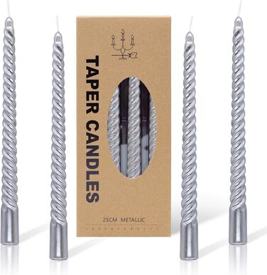 Набір з 4 конічних спіральних свічок 2 х 25,5 см, сріблястий Alederways