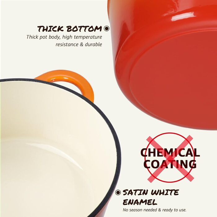 Чавунна форма для запікання Overmont Enamel - 26 см, придатна для використання в духовці, з кришкою та кулінарною книгою - для випікання, тушкування, запікання, білого кремового кольору (28 см-6,6 л, помаранчевий)