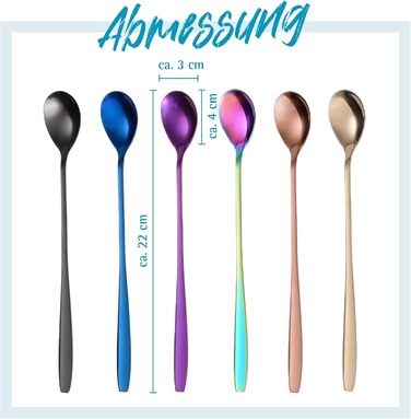 Набір ложок GRWE для лате макіато, золотистий, 6 предметів, 22 см, довгі ложки, ложки для коктейлів, десертні ложки, ложки для морозива, ложки для кави з льодом, нержавіюча сталь, можна мити в посудомийній машині (різнокольоровий)