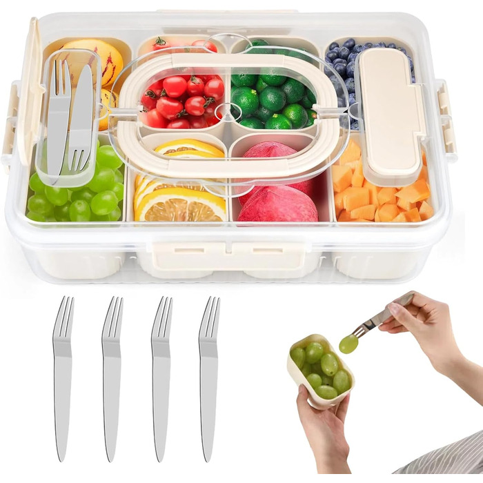 Контейнер для снеків з 8 відділеннями, з 4 виделками з нержавіючої сталі TETSMG