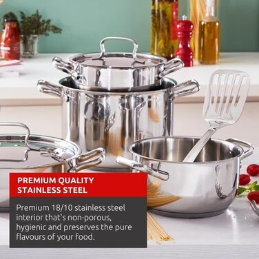 Набір універсального посуду Lagostina Sfiziosa з 24 предметів, виготовлений з нержавіючої сталі 18/10 з тришаровим дном Lagoseal Plus, включає 5 каструль, 3 каструлі, молочник, 8 кришок та 7 кухонних приладів (13 предметів)