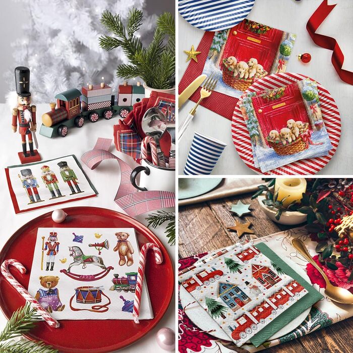 Серветки 3-шарові (33 x 33 см) I 20 шт. I Різнокольорові паперові серветки, ідеальні для різдвяного столу I Серветки - Різдво, зима, зірки, сніг, сніговики I (Різдвяні цуценята)