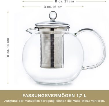 Скляний чайник Creano 1.3 л, скляний чайник із 3 частин із вбудованим ситечком з нержавіючої сталі та скляною кришкою, ідеально підходить для приготування сипучих чаїв, без крапель, універсальний (1,7 л тепліше)