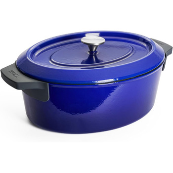 Чавунна жаровня 34 x 26 см, синього кольору з кришкою та силіконовими ручками Індукційна чавунна жаровня 7,5 літрів, висота 12,5 см міцна, для всіх типів плит, антипригарне покриття, придатна для використання в духовці 34 x 26 см, висота 12,5 см, 7,5 л, к