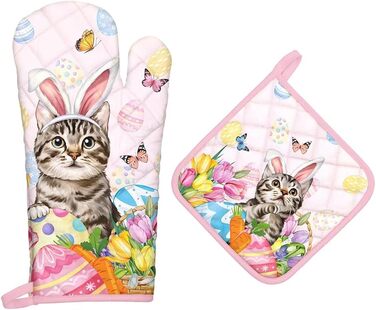 Різдвяний набір із 2 рукавичок для духовки та прихваток Arquiel, 100 бавовняні кулінарні рукавички, термостійкі кухонні рукавички для приготування їжі, різдвяні подарунки для жінок на декор кухні (Великдень 02, рукавички для духовки прихватки)