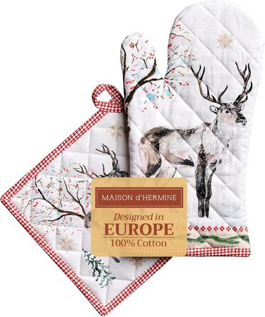 Рукавички для духовки, прихватки для каструль Maison d&39 Hermine, 100 бавовна, термостійкі кухонні рукавички, рукавички для духовки (19 x 33 см) та прихватки для каструль (20 x 20 см) для приготування їжі, Морзін - Рукавички для духовки (19 x 33 см) та п