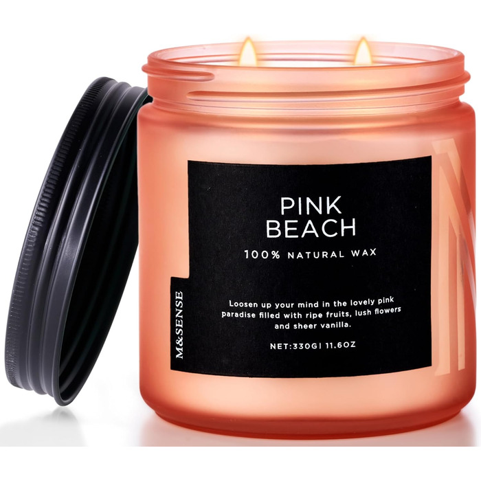 Ароматичні свічки M&SENSE з кавою у скляній банці з 2 гнітами 330 г, час горіння 70 годин, свічка з натурального соєвого воску для спальні, кухні, декору дому, подарункова свічка для чоловіків та жінок, смажена кава (рожевий пляж)