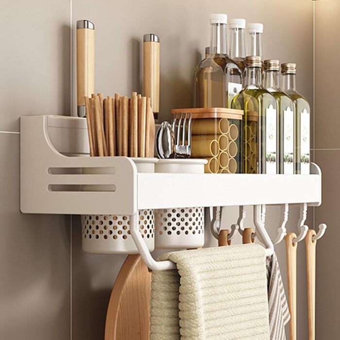 Підвісна підставка для спецій з металу, міцна кухонна полиця, настінна підставка для спецій, органайзер для спецій, кухонний органайзер, підставка для спецій з тримачем для рушників, Daojai, гачки та тримач для столових приборів, сіра, (40 см, білий)