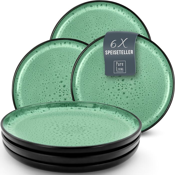 Керамогранітні глибокі тарілки TEST VERY GOOD Серія Ibiza Елегантні тарілки для макаронів, супові тарілки глибокі стильні тарілки для пасти 6 персон - Набір посуду 6 персон, обідні тарілки, набір посуду Чорний з (великі тарілки (6 разів), шавлія зелена), 