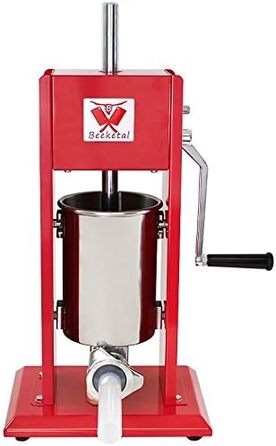 Професійна машина для наповнення гастроковбаси Beeketal &39MT07&39 (7 літрів), протестована SGS, наповнювач для ковбас з 2-швидкісним повністю металевим редуктором і рукояткою, сталевий корпус (пофарбований у червоний колір), включаючи 4 насадки для з