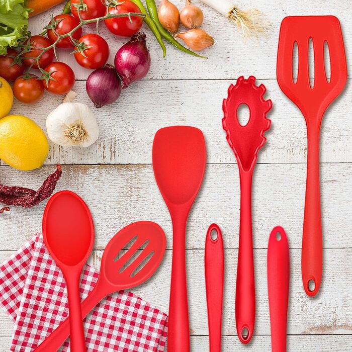 Набор кухонных гаджетов Herogo, набор силиконовой кухонной утвари из 22 предметов с держателем для посуды, термостойкие кухонные столовые приборы Кухонная утварь, здоровая и антипригарная, можно мыть в посудомоечной машине, (красный)